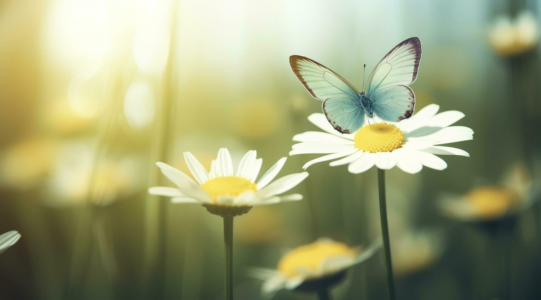 skön och färgrik fjäril fladdrande över de delikat bellamy blommor daisy på en solig sommar dag, generera ai foto