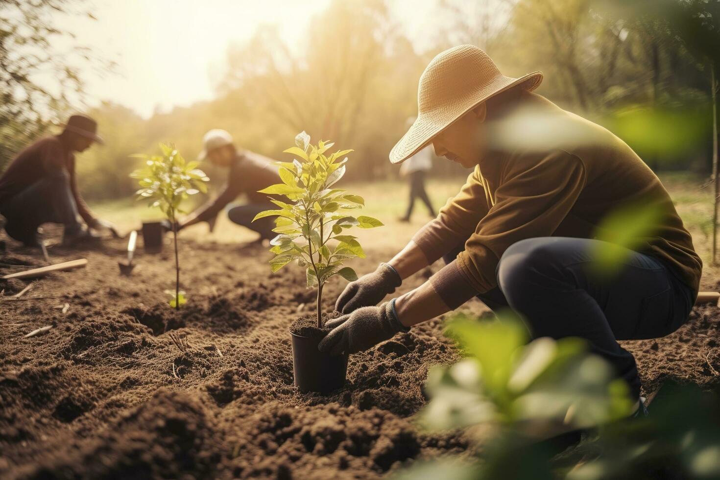 människor plantering träd eller arbetssätt i gemenskap trädgård främja lokal- mat produktion och livsmiljö restaurering, begrepp av hållbarhet och gemenskap engagemang , generera ai foto