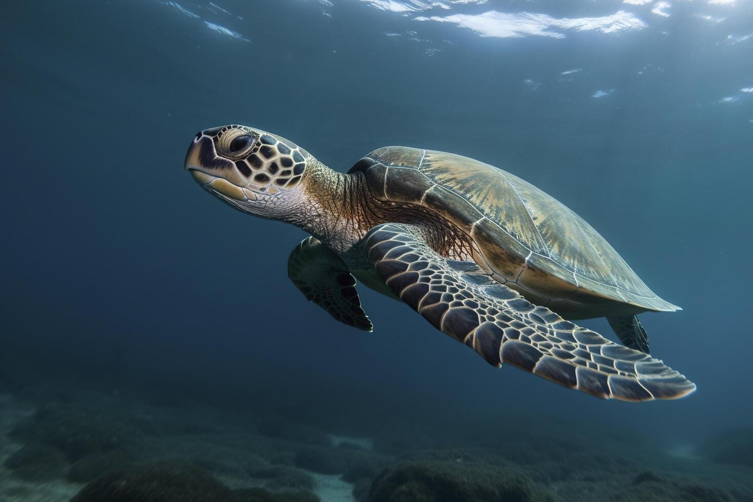 ai illustration av en sköldpadda fångad med fiske netto. de begrepp av miljö- skydd. hav, hav sköldpadda behöver till vara befriade från fiske nät. Nej till död- sköldpaddor. generativ ai foto