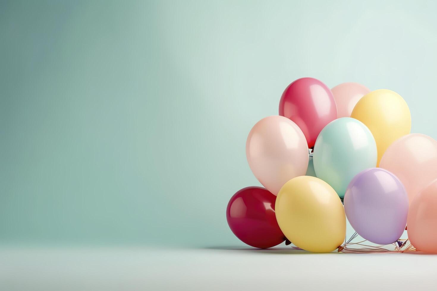 färgrik helium ballonger på ljus pastell bakgrund med fri Plats för text. födelsedag firande, bröllop eller bebis dusch dekor. kreativ aning för fest och firande, hälsning kort. ai genererad. foto