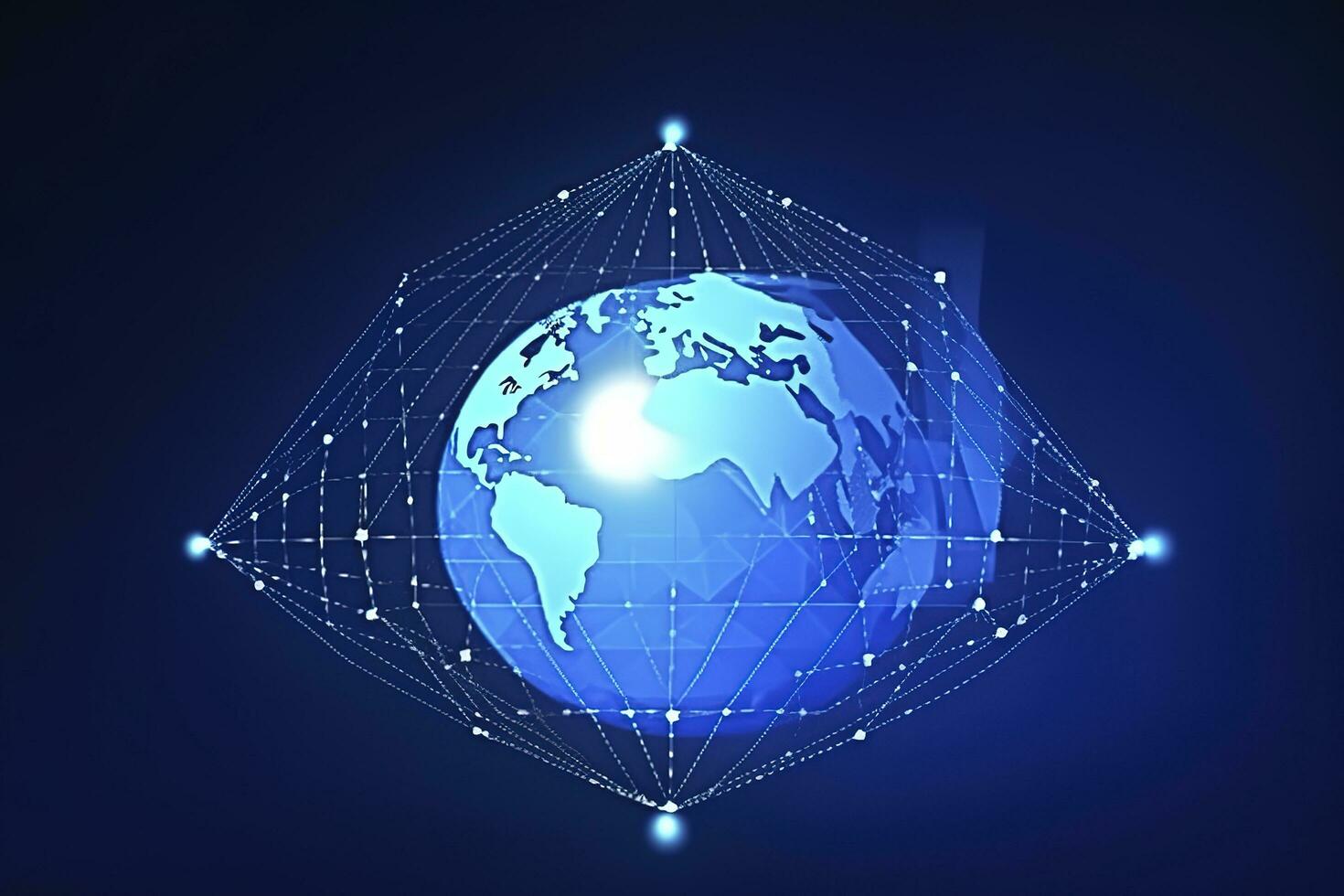 global nätverk på jord begrepp. 3d tolkning, värld Karta punkt. stor data analys och företag begrepp, värld Karta punkt och linje sammansättning begrepp av global företag, generera ai foto