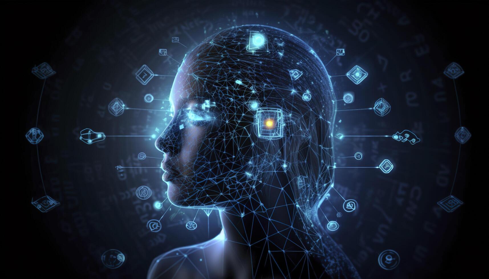 artificiell intelligens, en humanoid cyber mänsklig med en neuralt nätverk tänker. ai begrepp av stor data eller cyber säkerhet. chatt gpt begrepp. ai med en digital hjärna processer stor data. generativ ai foto