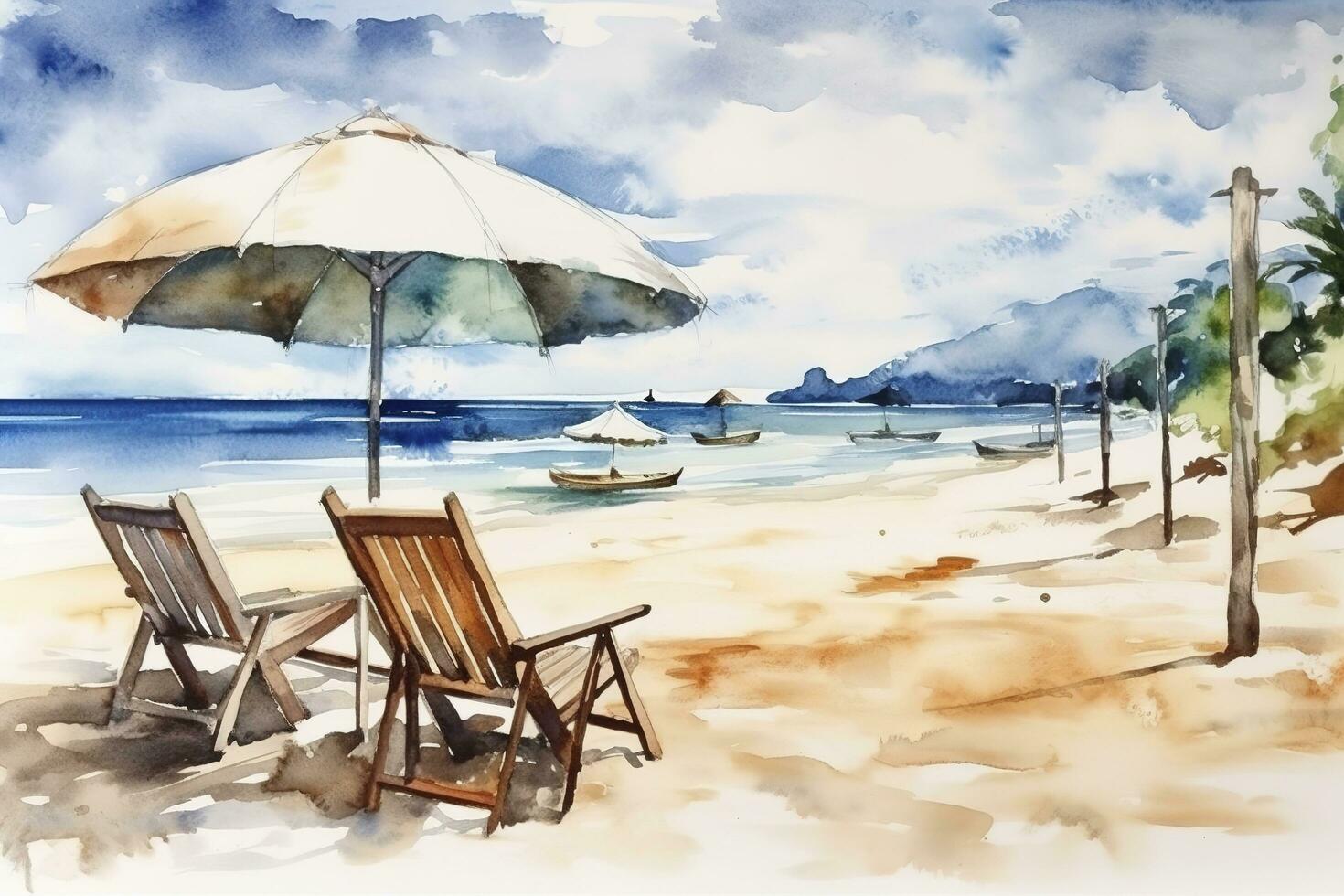 skön strand baner. vit sand, stolar, och paraply resa turism bred panorama bakgrund begrepp. Fantastisk strand vattenfärg landskap vattenfärg målning, generera ai foto