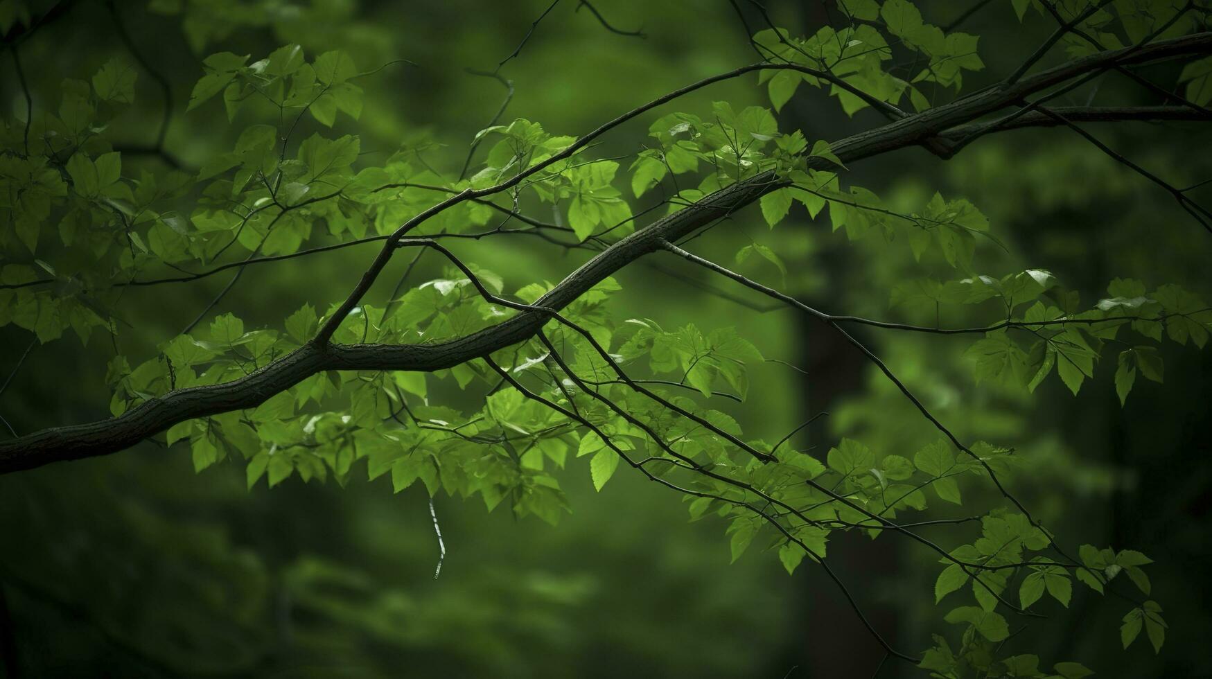 jord dag och värld miljö dag, vår, tropisk träd löv och gren med skön grön skog bakgrund, generera ai foto