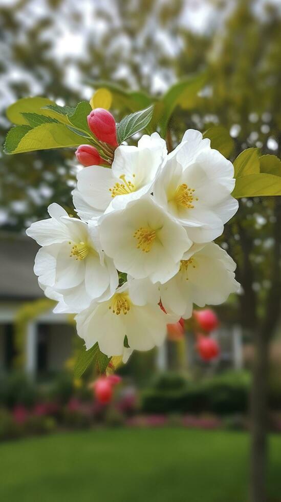 kinesisk suzhou trädgård, gul röd vit begonia blomma, kronblad hög definition, detalj, full av blommor, skön, bakgrund klart synlig vit staket och fönster, generera ai foto