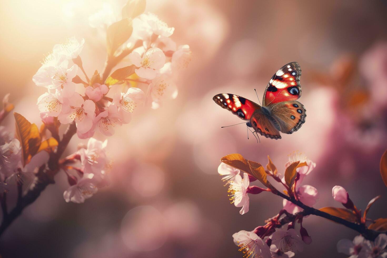 vår baner, grenar av blomstrande körsbär mot de bakgrund av blå himmel, och fjärilar på natur utomhus. rosa sakura blommor, drömmande romantisk bild vår, landskap panorama, generera ai foto