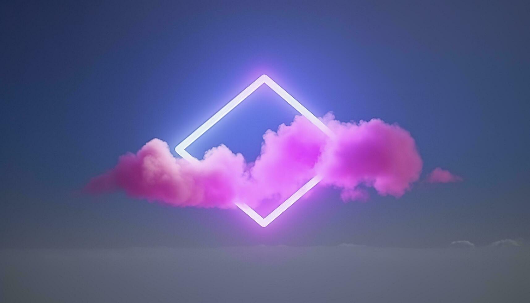 3d framställa, abstrakt minimal bakgrund med rosa blå gul neon ljus fyrkant ram med kopia Plats, upplyst stormig moln, lysande geometrisk form, generera ai foto