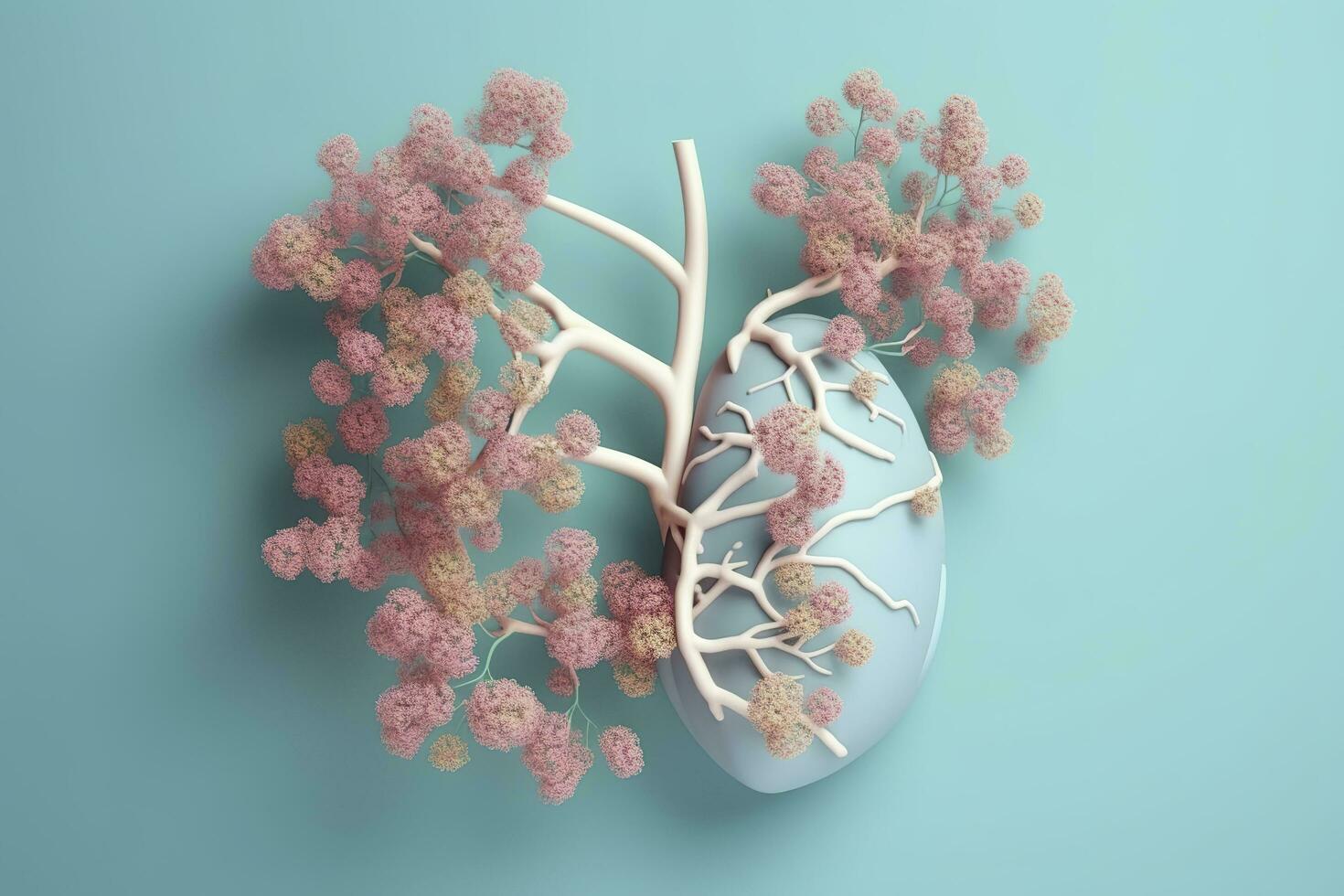 mänsklig lungor med blommor, pastell färger, på blå bakgrund, 3d framställa och illustration, generera ai foto