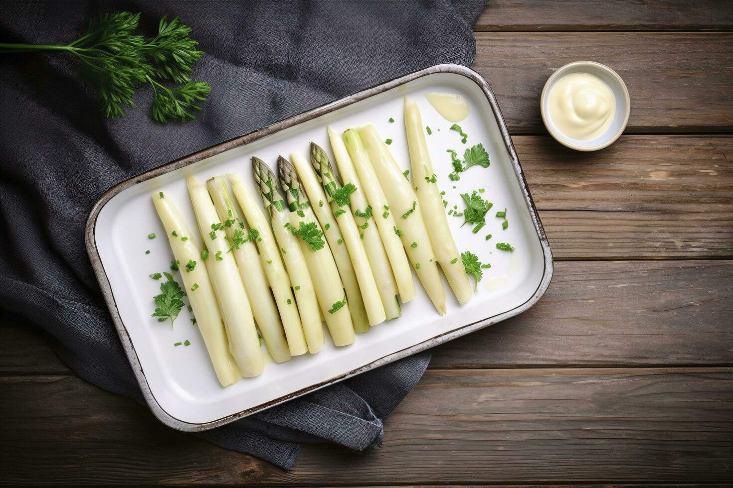 traditionell ångad vit sparris med hollandaise sås och örter som en topp se i ett emalj bricka på ett gammal trä tabell med kopia Plats på de höger, generera ai foto