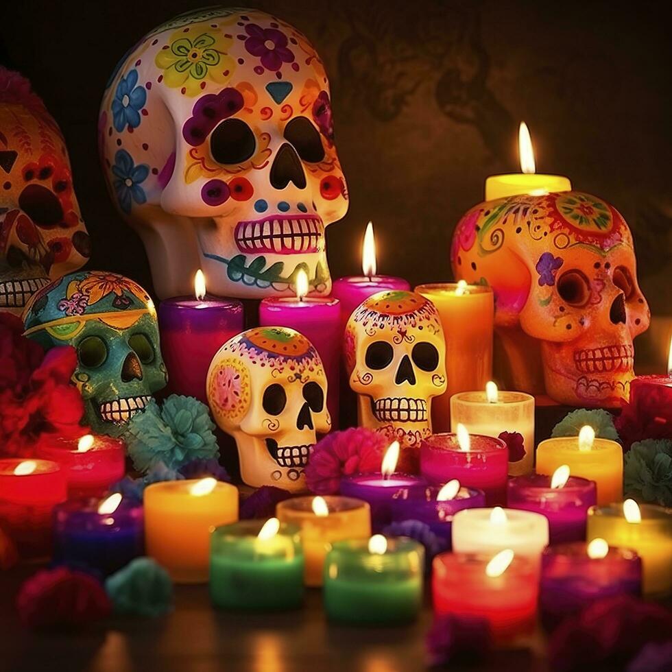 dag av de död- skallar. dia de los muertos. dag av de död- och mexikansk halloween bakgrund. mexikansk tradition festival. dag av de död- socker skalle. dia de los muertos, generera ai foto