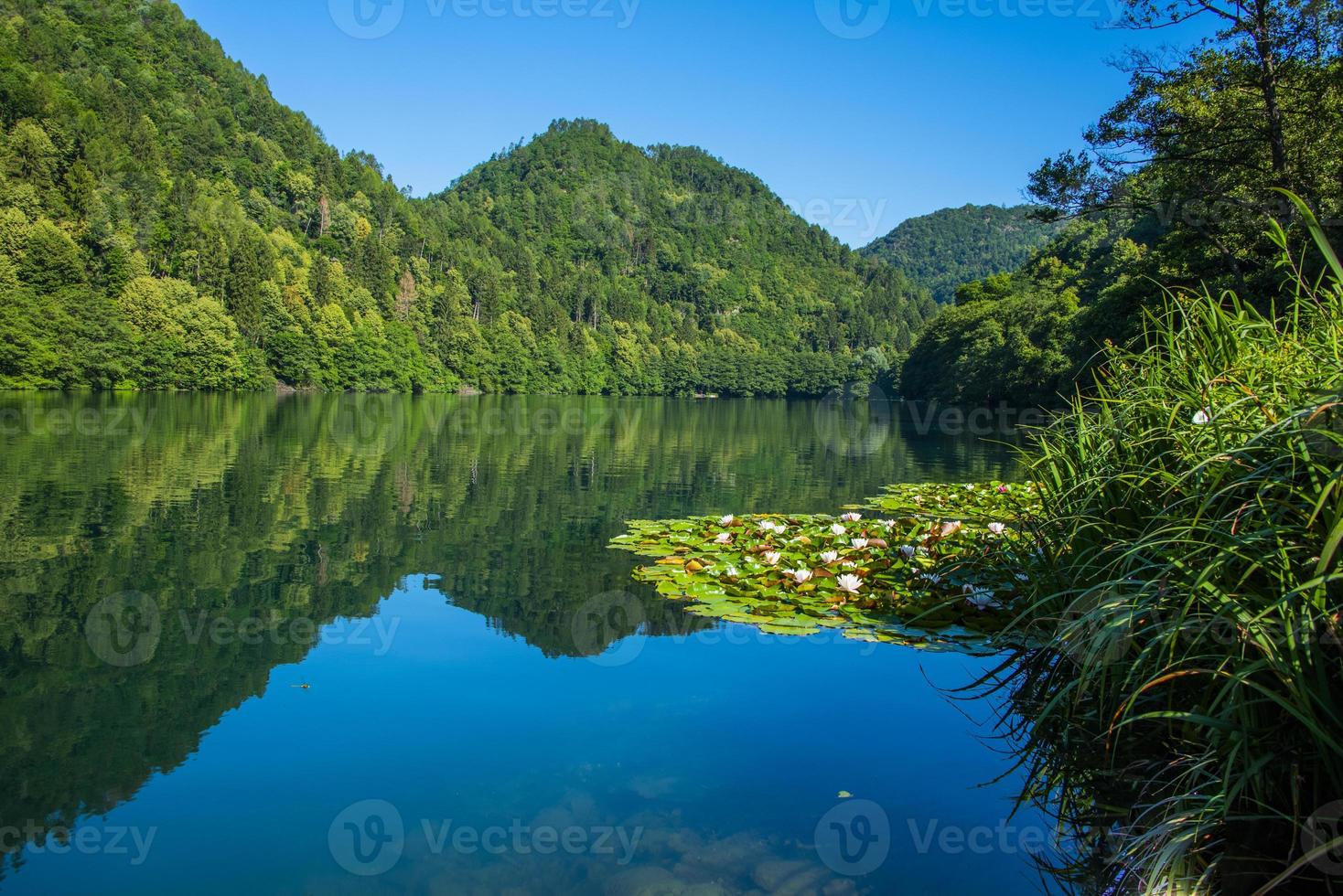 sjön levico med bergen i bakgrunden i Trento, Italien foto