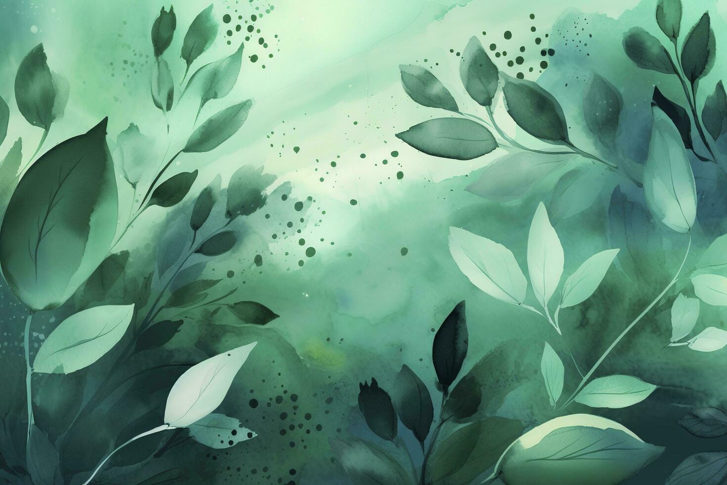 grön blommig ram med löv vattenfärg bakgrund , generera ai foto