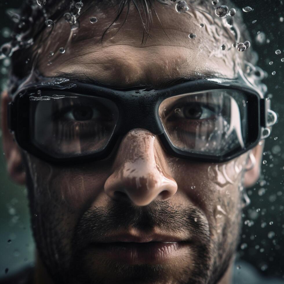 man ansikte under vattnet i vattentät glasögon ai genererad foto