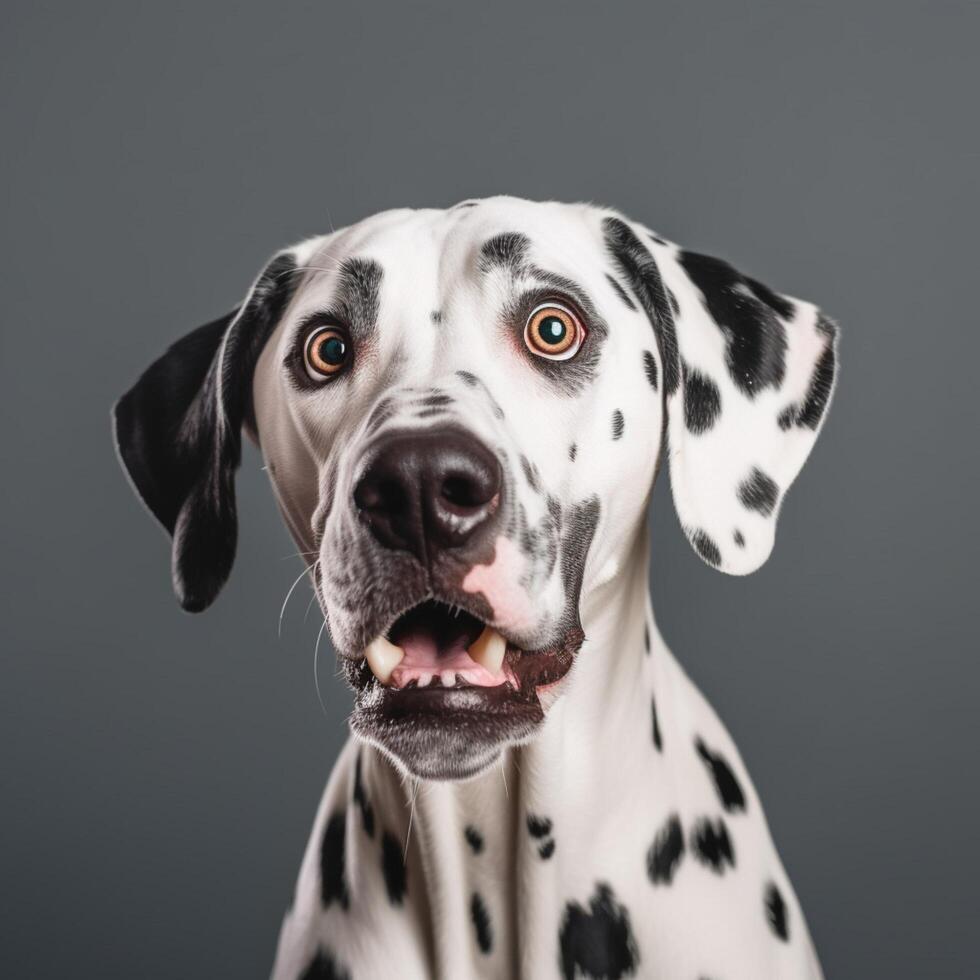 porträtt av dalmatian hund med överraskad ansikte ai genererad foto