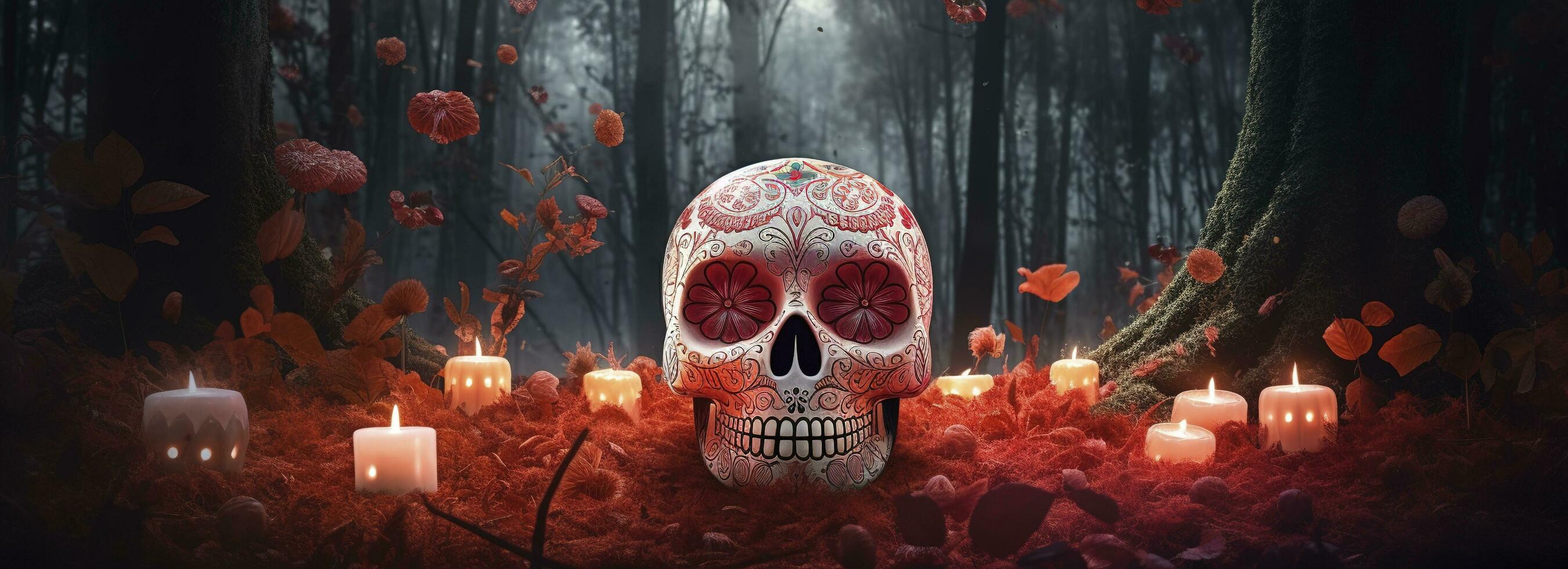 dag av de död- skallar. dia de los muertos. dag av de död- och mexikansk halloween bakgrund. mexikansk tradition festival. dag av de död- socker skalle. dia de los muertos, generera ai foto