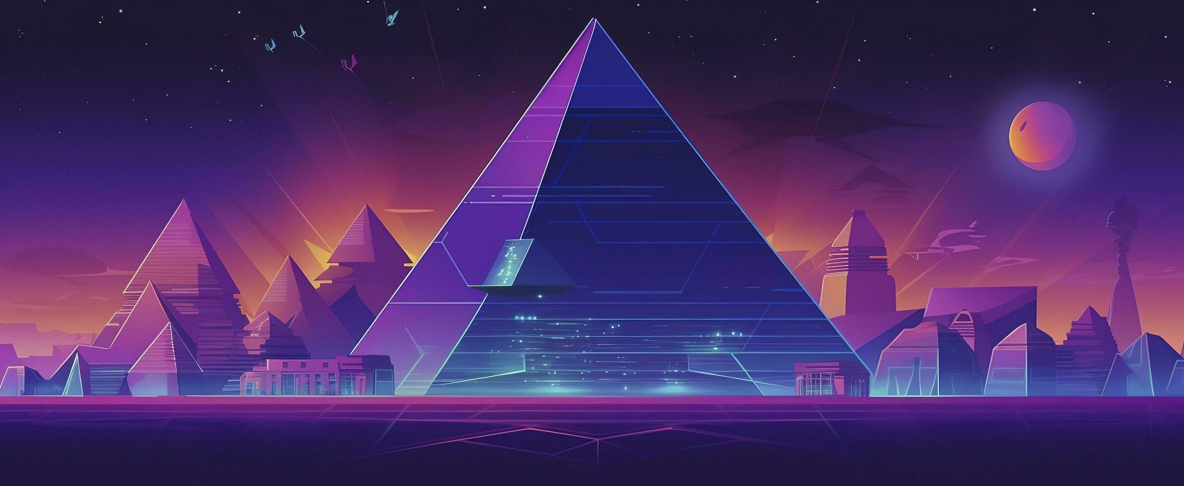 retro pyramider på 80s synthwave neon landskap med lysande Sol - abstrakt bakgrund textur, generera ai foto