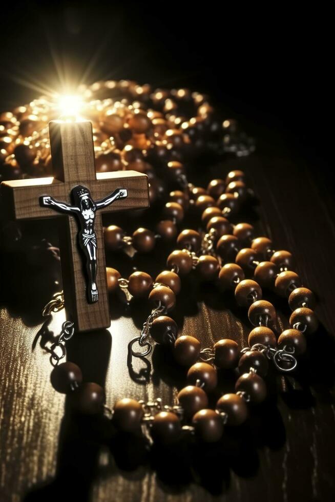 handgjort traditionell lönn hård trä- katolik radband bön pärlor jungfrulig mary helgon benedict Jesus krucifix, generera ai foto