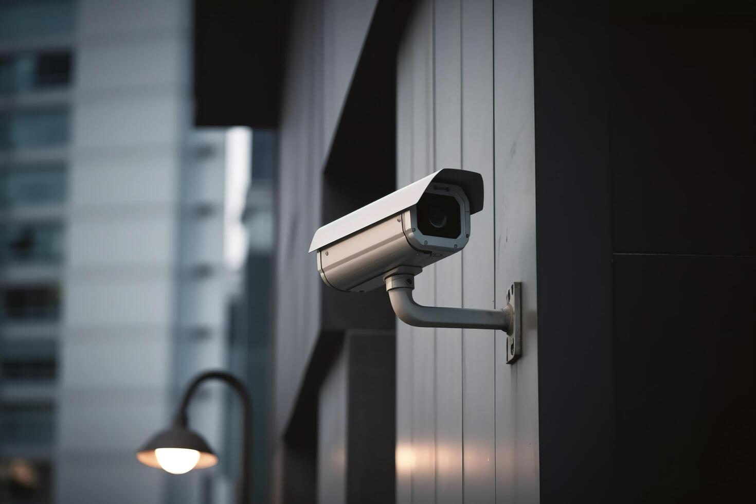 säkerhet kamera på modern byggnad. professionell övervakning kameror. cCTV på de vägg i de stad. säkerhet systemet, teknologi. video Utrustning för säkerhet systemet område kontrollera utomhus. ai genererad. foto