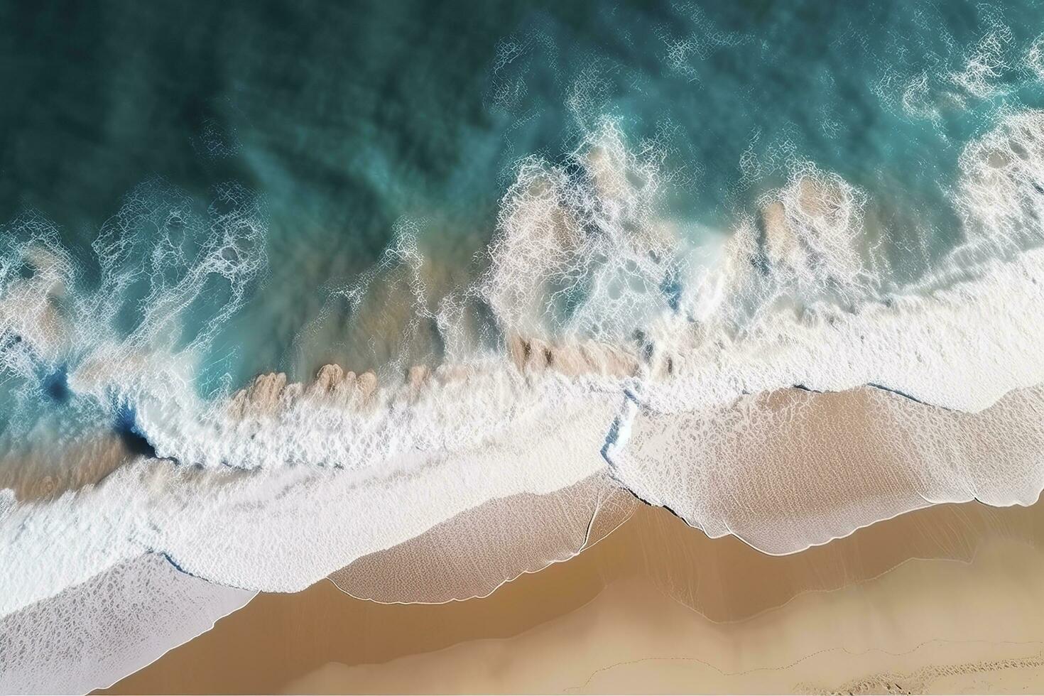 hav vågor på de strand som en bakgrund. skön naturlig sommar semester högtider bakgrund. antenn topp ner se av strand och hav med blå vatten vågor, generera ai foto