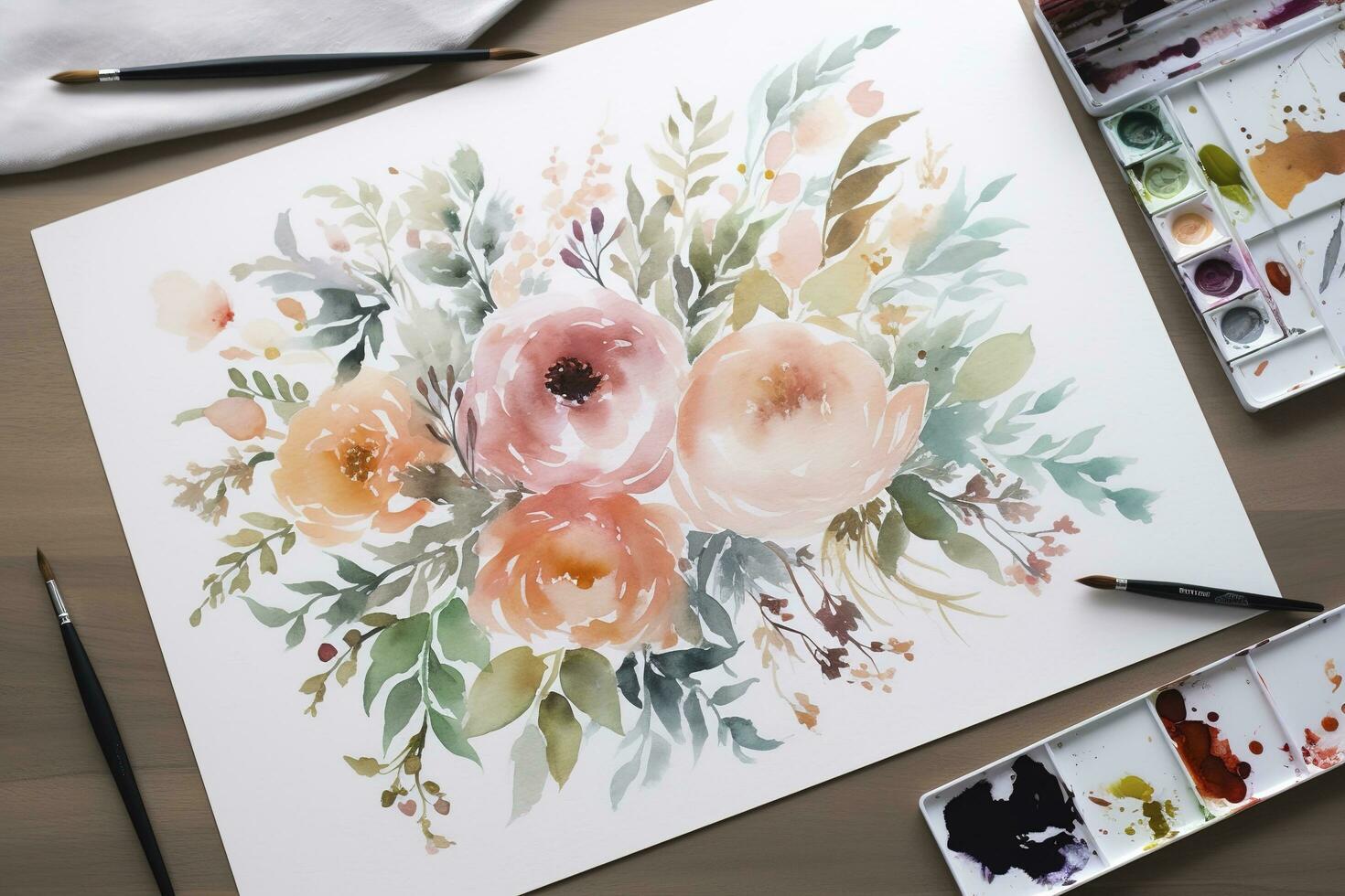 måla en serier av vattenfärg blommor i annorlunda stadier av blomning, från en tajt knopp till en fullt öppen blomma, generera ai foto