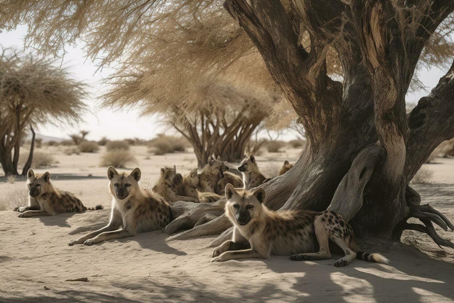 en ung fick syn på hyena valp vilar i de skugga , generera ai foto