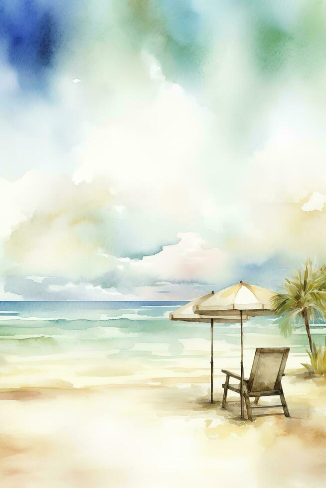skön strand baner. vit sand, stolar, och paraply resa turism bred panorama bakgrund begrepp. Fantastisk strand vattenfärg landskap vattenfärg målning, generera ai foto