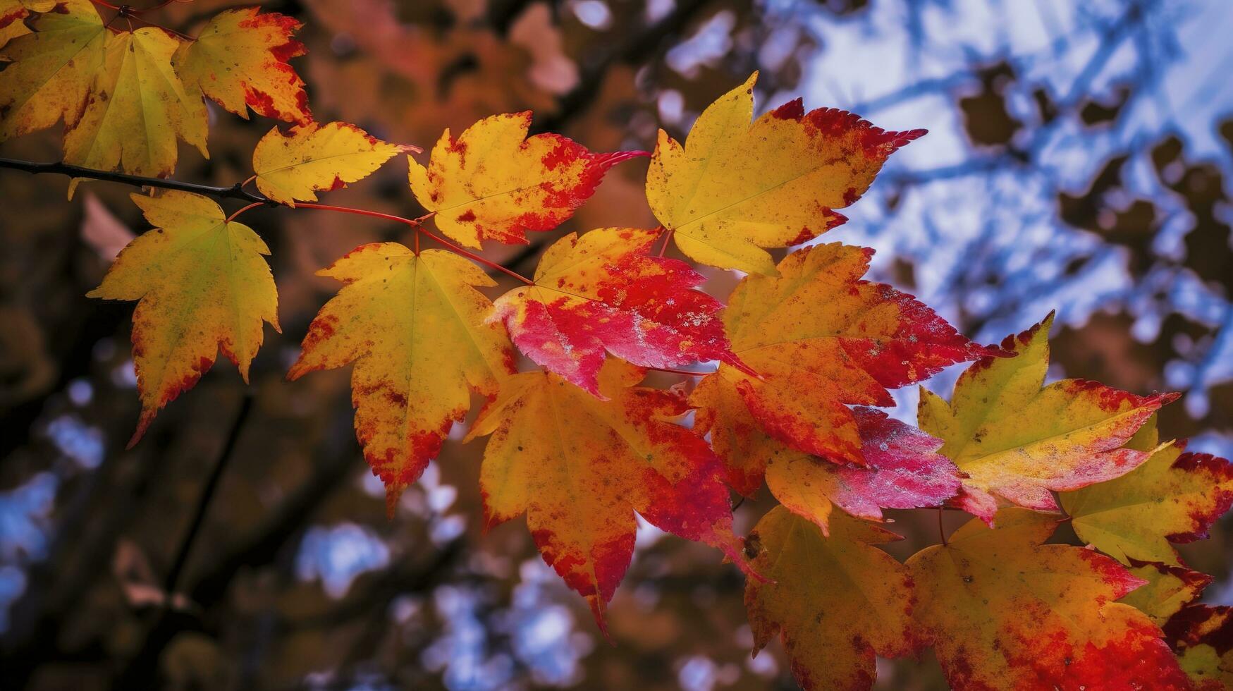 skön höst landskap med. färgrik lövverk i de parkera. faller löv naturlig bakgrund, generera ai foto