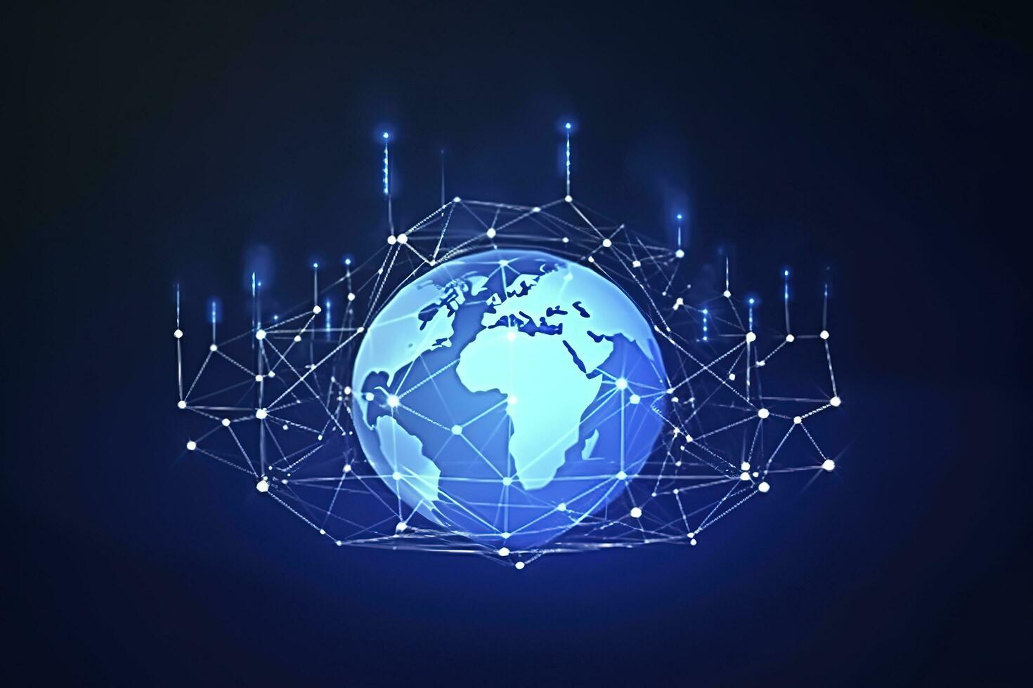 global nätverk på jord begrepp. 3d tolkning, värld Karta punkt. stor data analys och företag begrepp, värld Karta punkt och linje sammansättning begrepp av global företag, generera ai foto