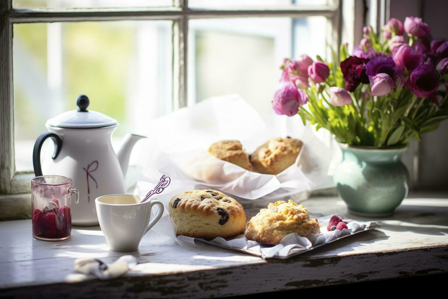 en mors dag arrangemang med te och scones i främre av en ljus fönster, generera ai foto