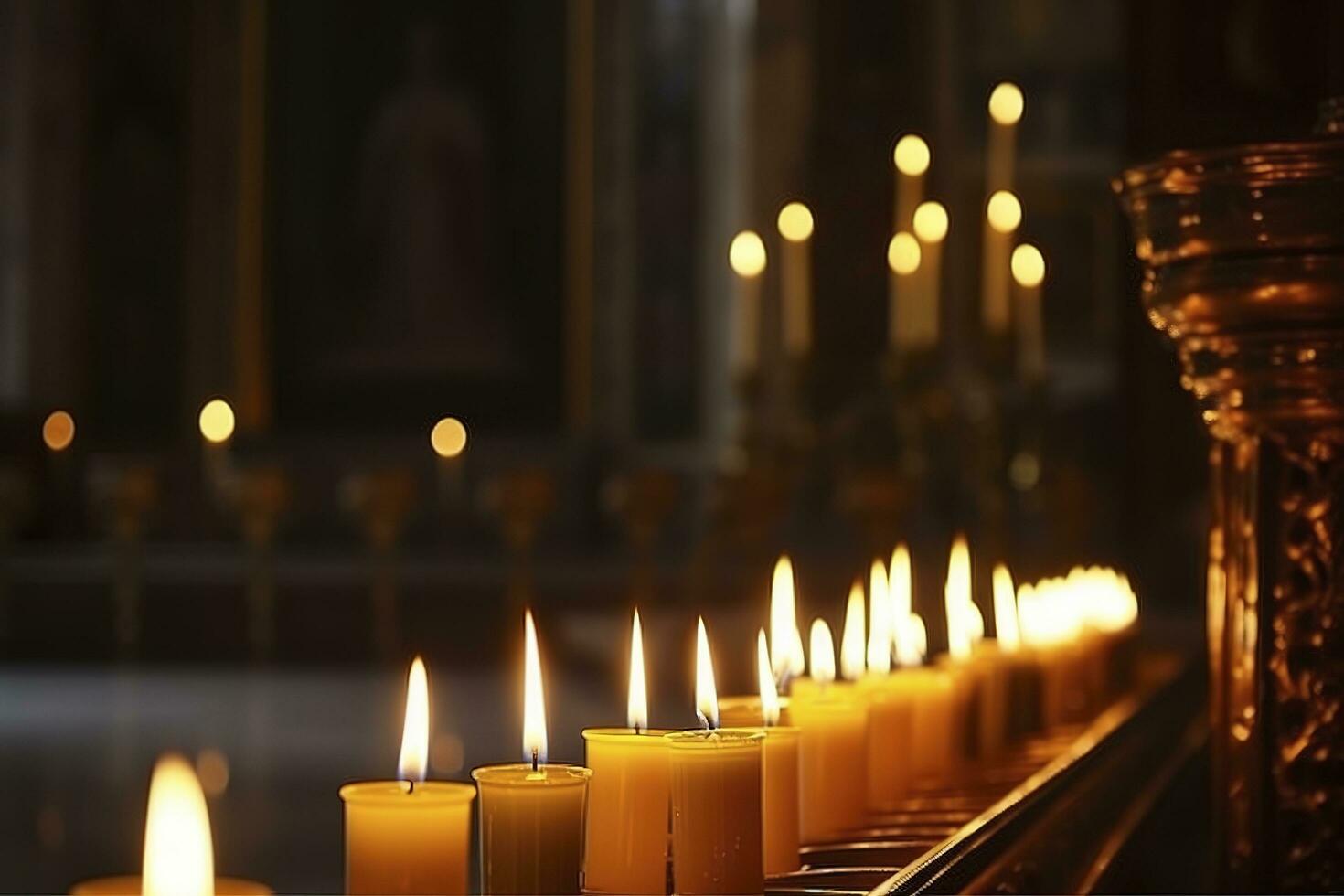ljus i en kristen ortodox kyrka bakgrund. flamma av ljus i de mörk helig interiör av de tempel, generera ai foto