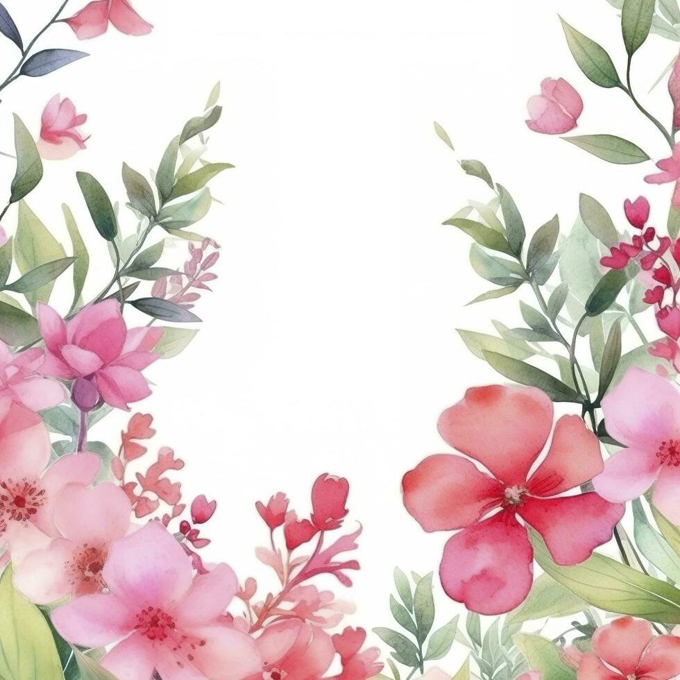 blommig gräns med rosa blommor ang lövverk, botanisk konst. vattencolo , generat ai foto