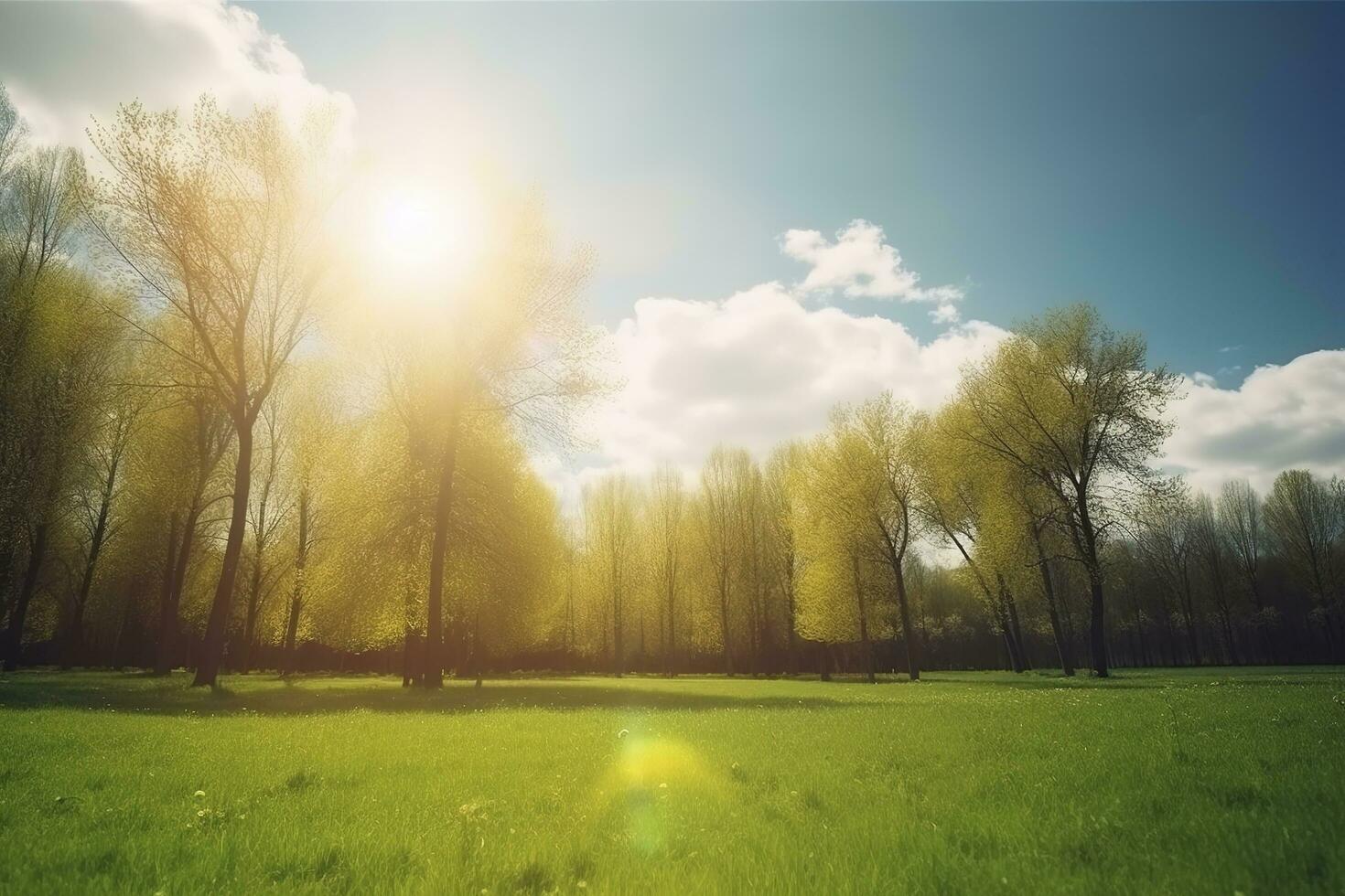 skön suddig bakgrund bild av vår natur med en ordentligt trimmad gräsmatta omgiven förbi träd mot en blå himmel med moln på en ljus solig dag, generera ai foto