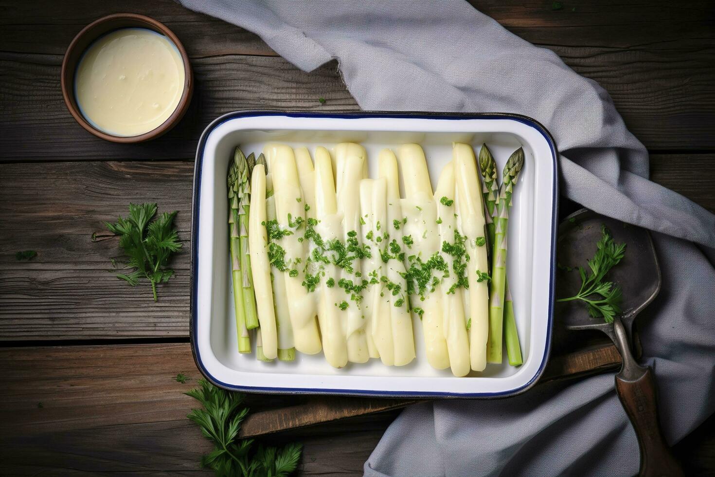 traditionell ångad vit sparris med hollandaise sås och örter som en topp se i ett emalj bricka på ett gammal trä tabell med kopia Plats på de höger, generera ai foto