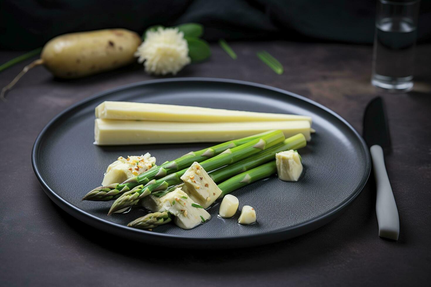 traditionell bavarian vit sparris eras med vild vitlök och mandel Smör närbild på en nordic design tallrik med kopia Plats, generera ai foto