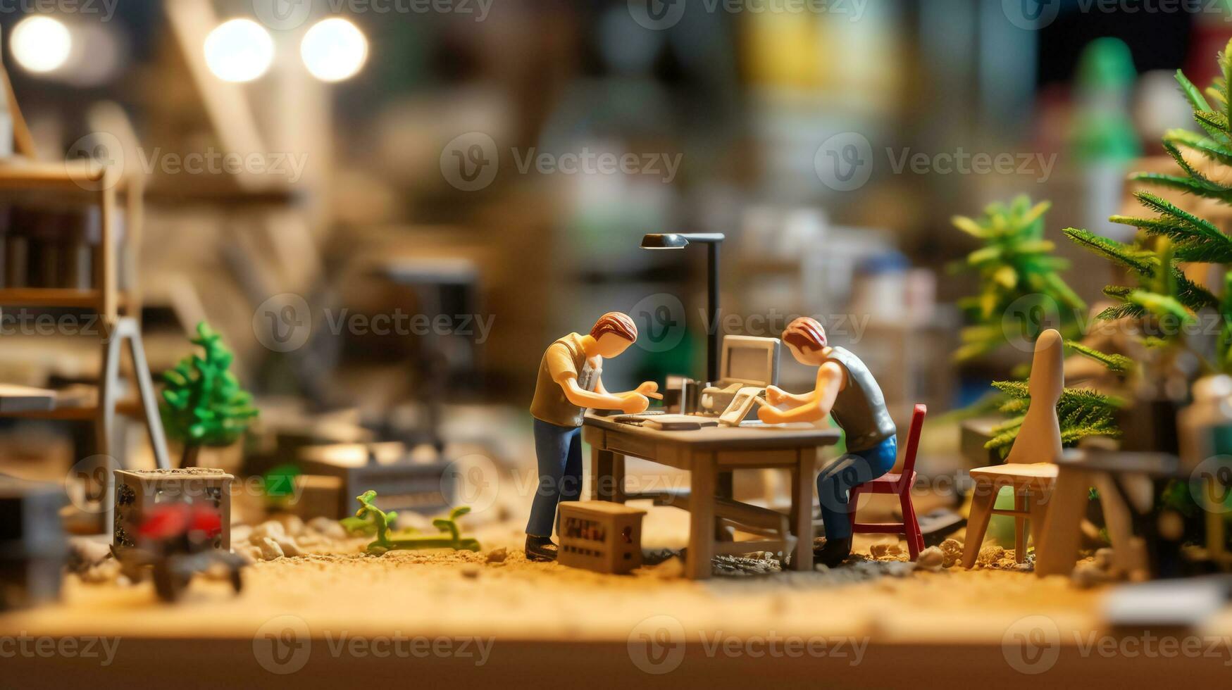 en miniatyr- arbetare arbetssätt på kontor foto