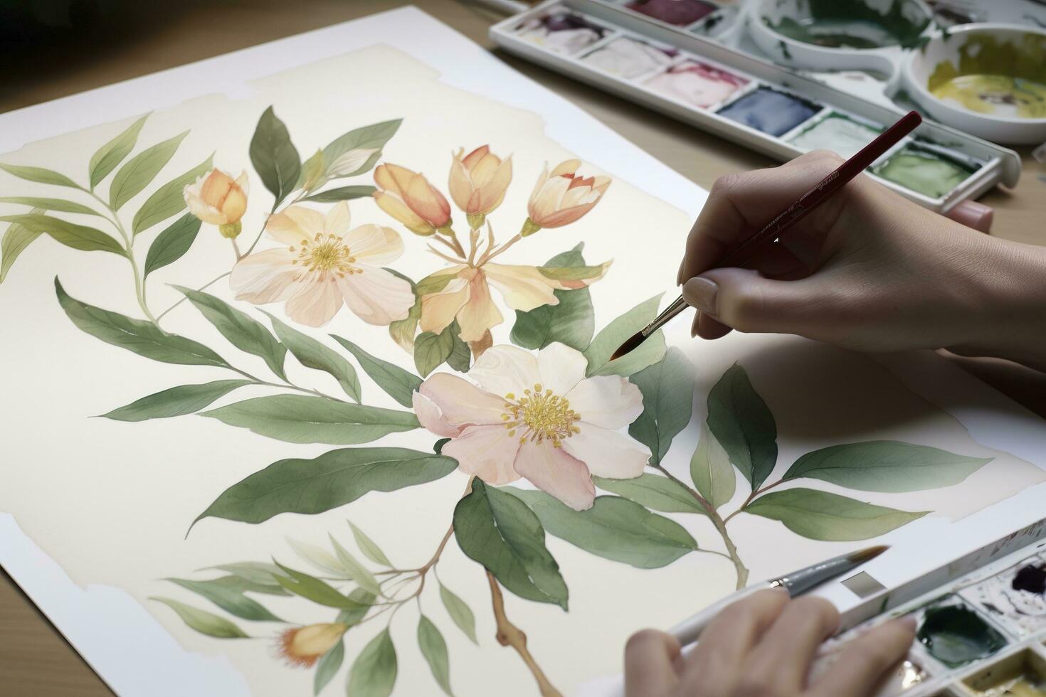 måla en serier av vattenfärg blommor i annorlunda stadier av blomning, från en tajt knopp till en fullt öppen blomma, generera ai foto