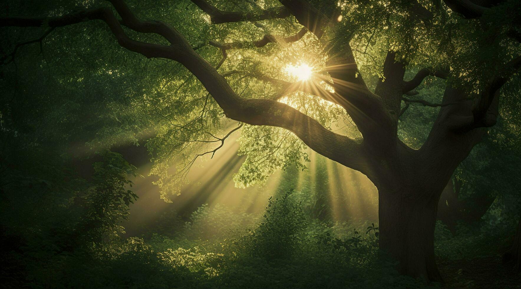 en stor träd med ljus Sol strålar, i de stil av pastoral charm, mörk grön och ljus grön, tyst poetisk, kombinerande naturlig och man tillverkad element, generat ai foto