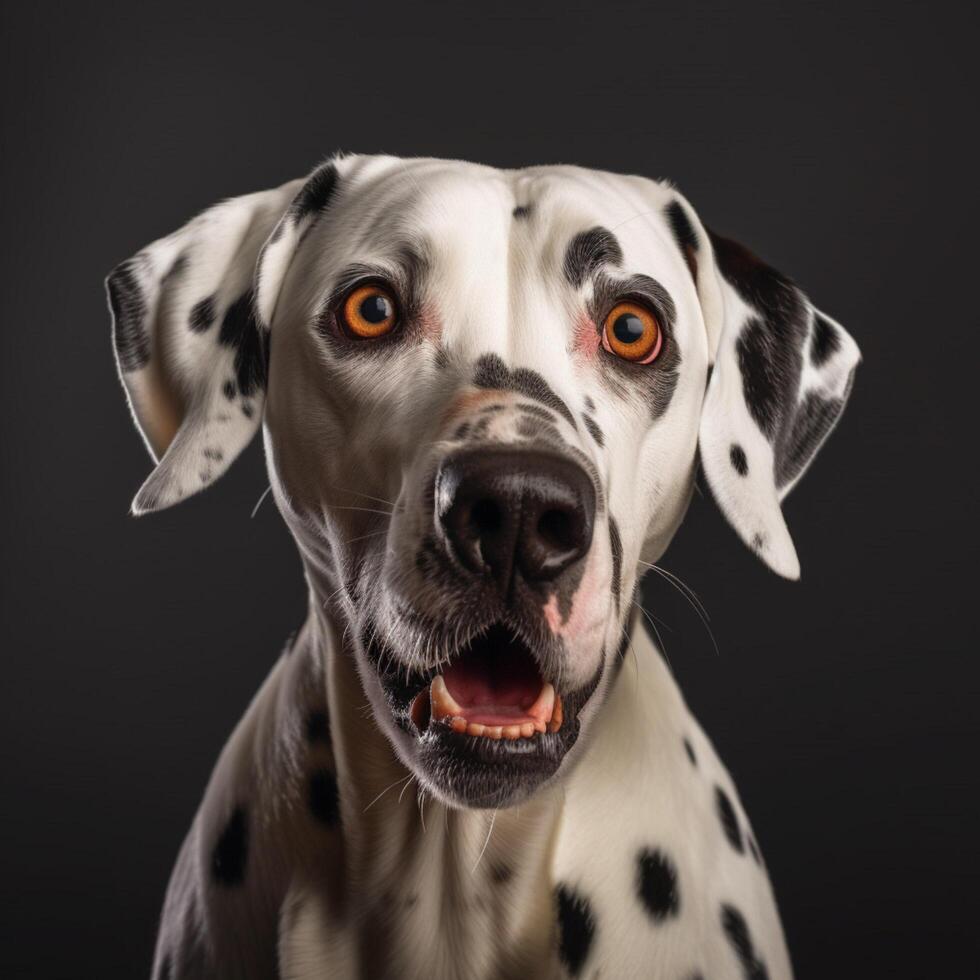 porträtt av dalmatian hund med överraskad ansikte ai genererad foto