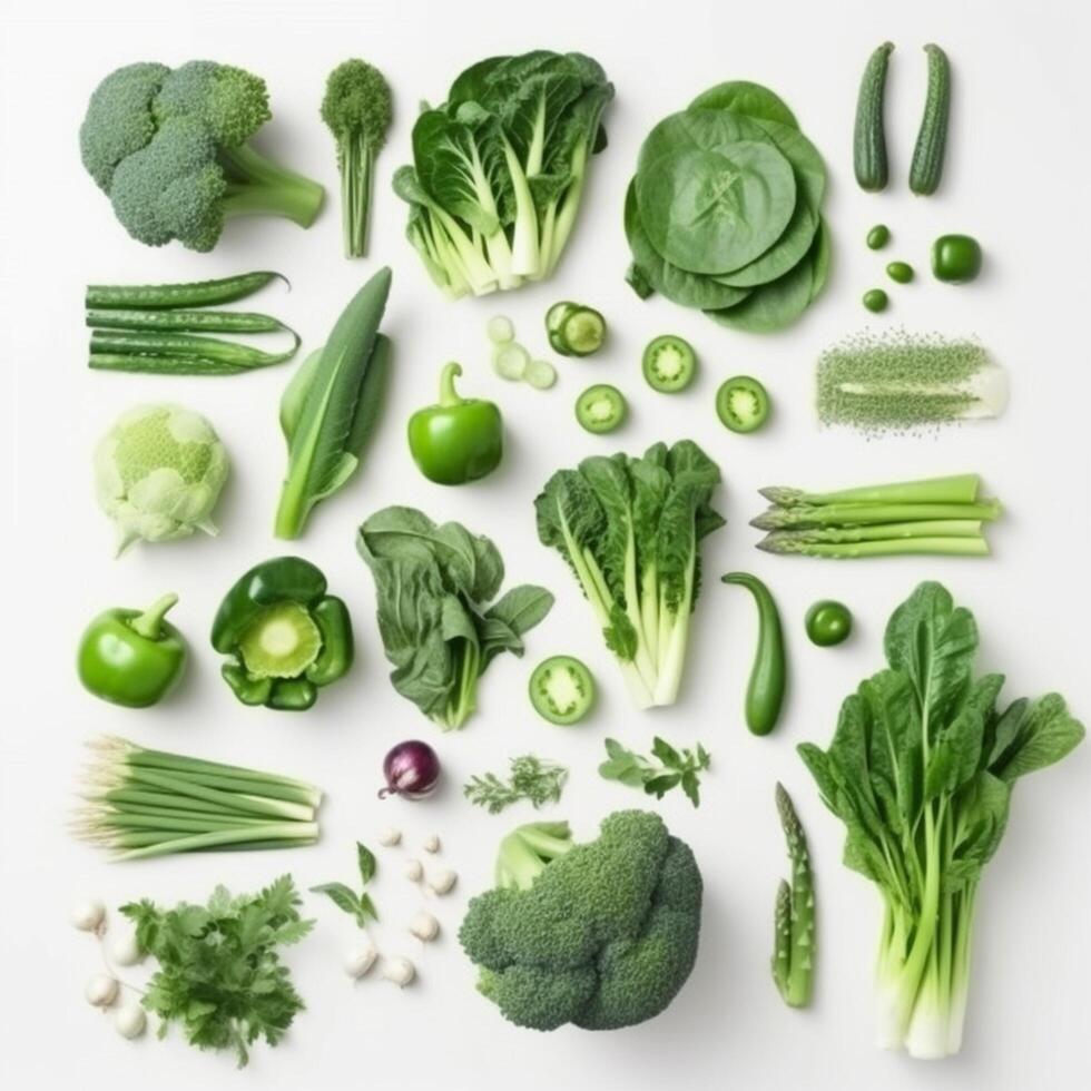 uppsättning av annorlunda grönsaker på vit bakgrund ai genererad foto