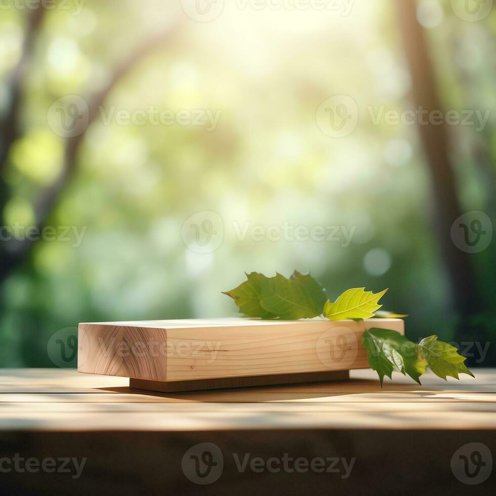 trä- produkt visa podium med suddig natur löv foto