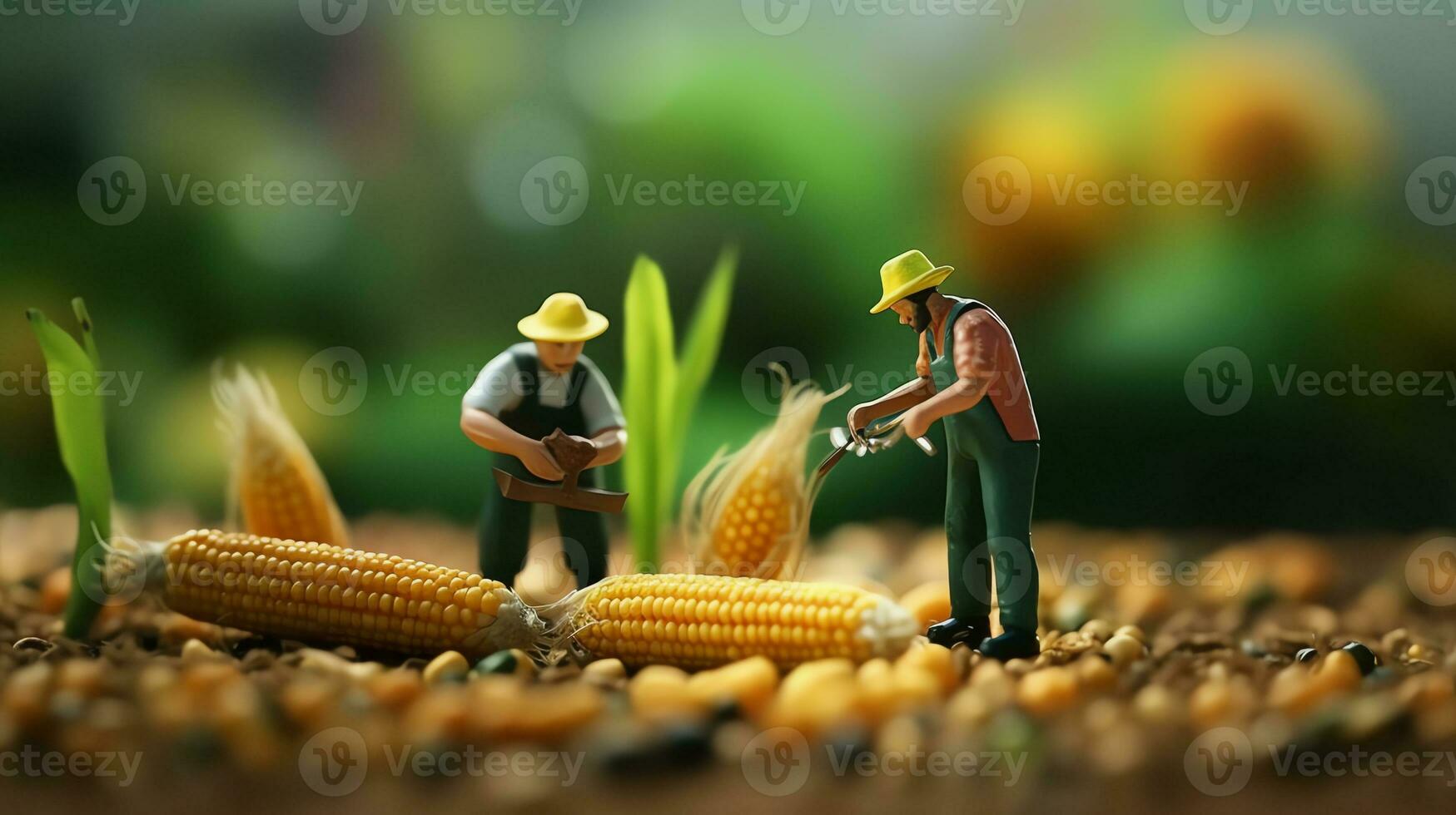 en miniatyr- arbetare arbetssätt på majs foto