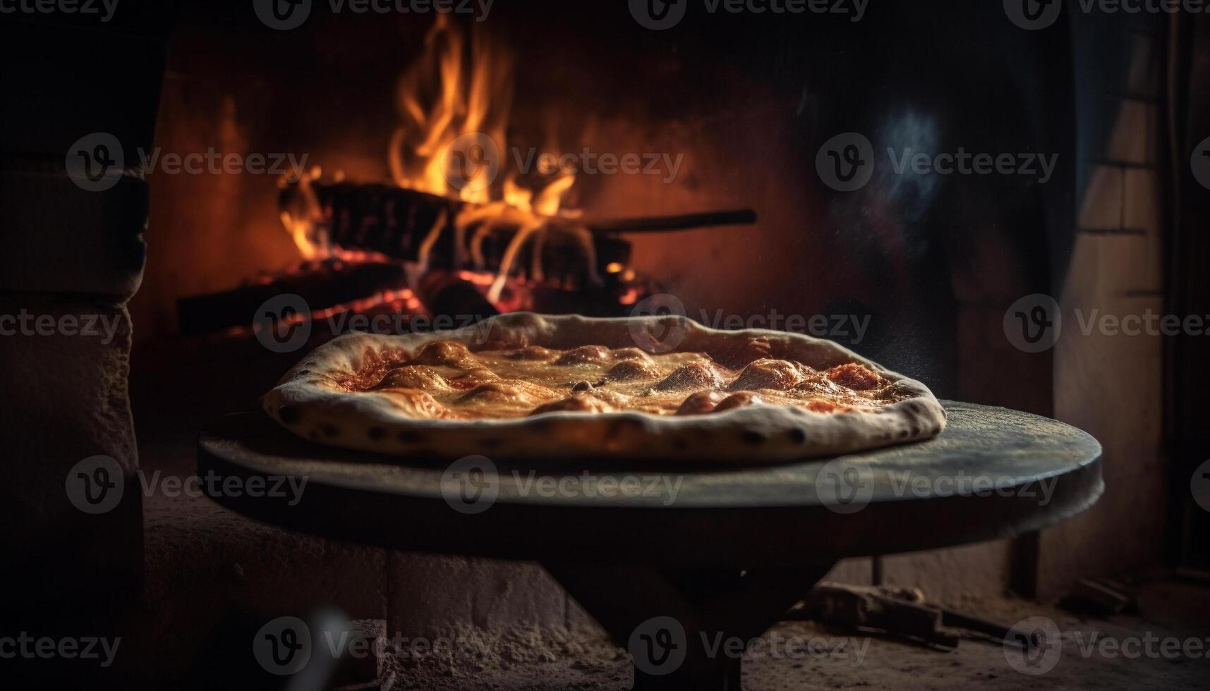 nyligen bakad hemlagad pizza på rustik tabell genererad förbi ai foto