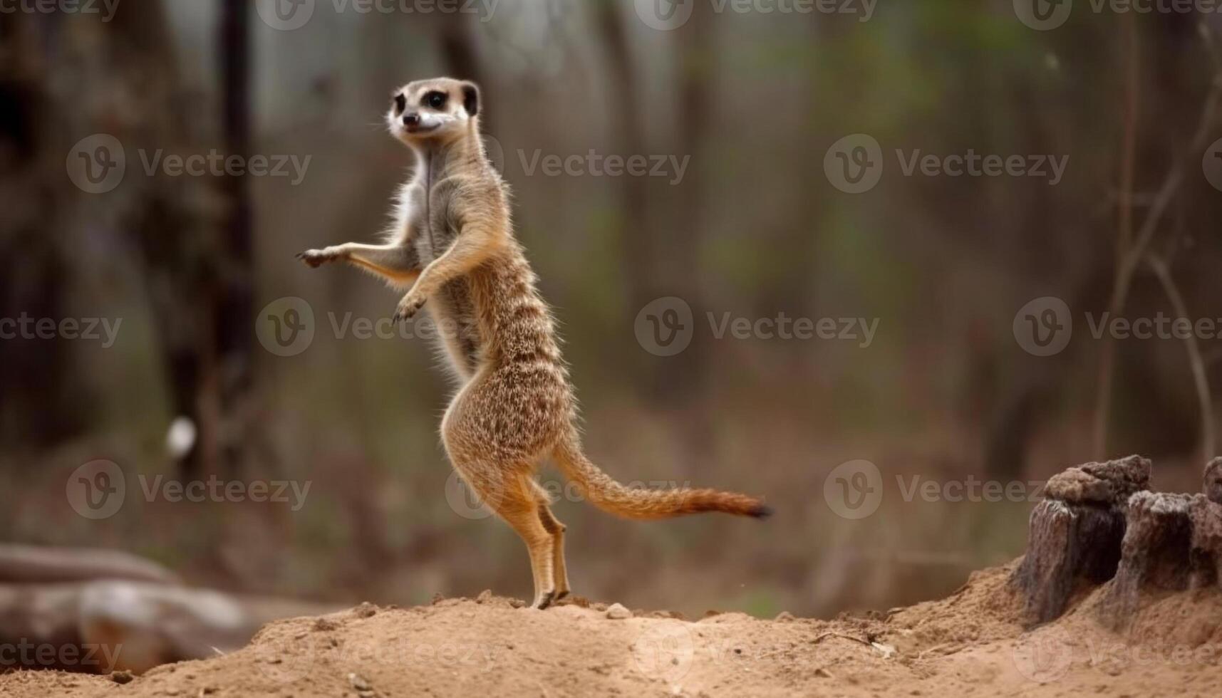 små meerkat stående varna, tittar på för fara genererad förbi ai foto