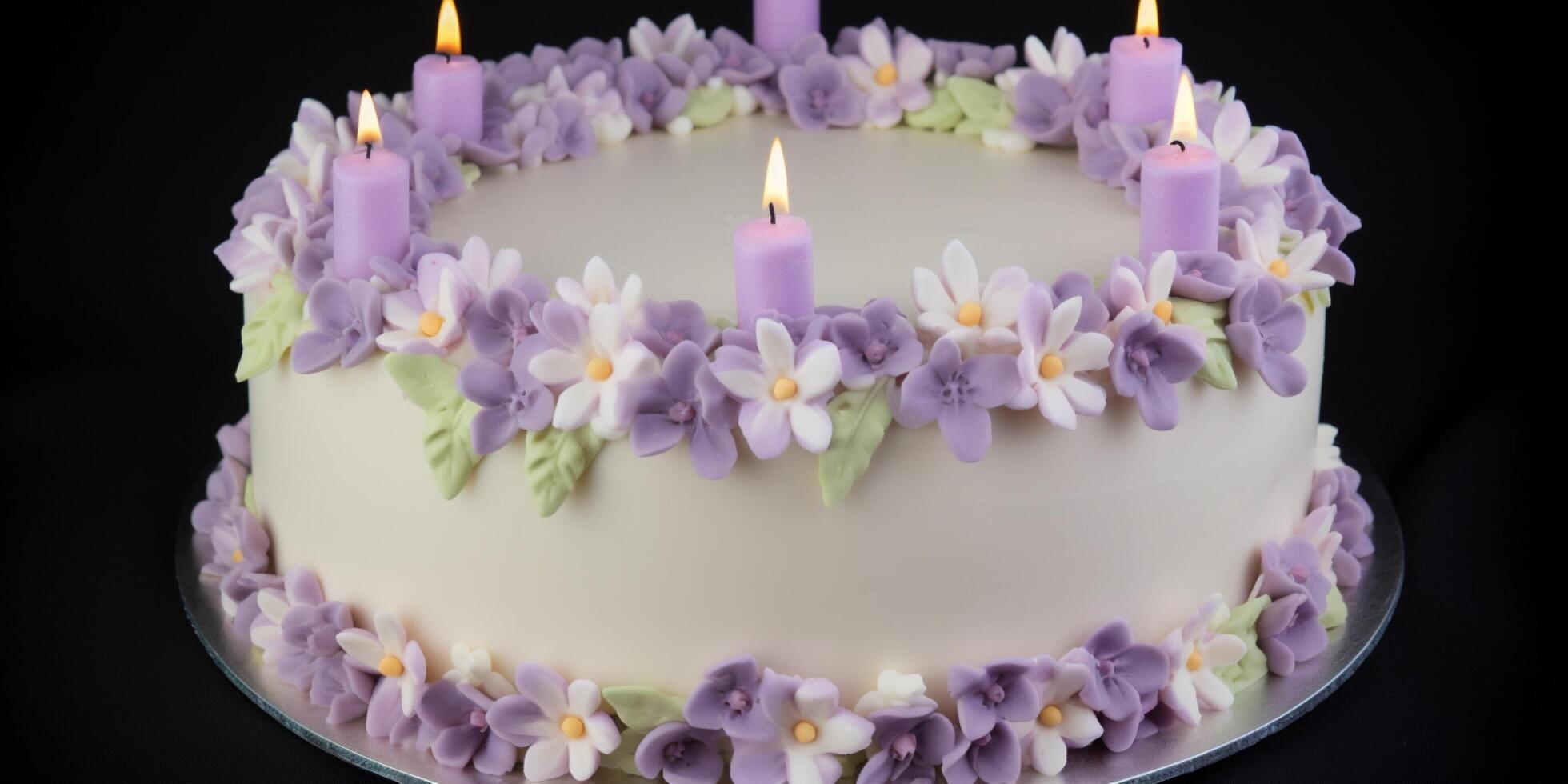 födelsedag kaka med grädde blommor och liliac ai genererad foto