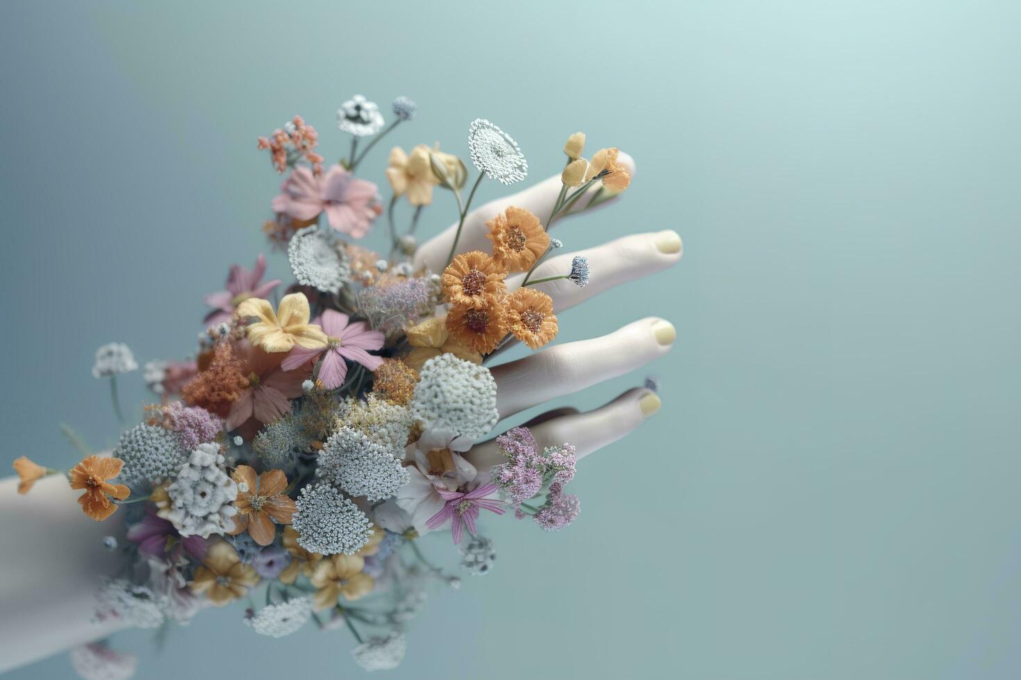 mänsklig hand med blommor, pastell färger, på blå bakgrund, 3d framställa och illustration, generera ai foto