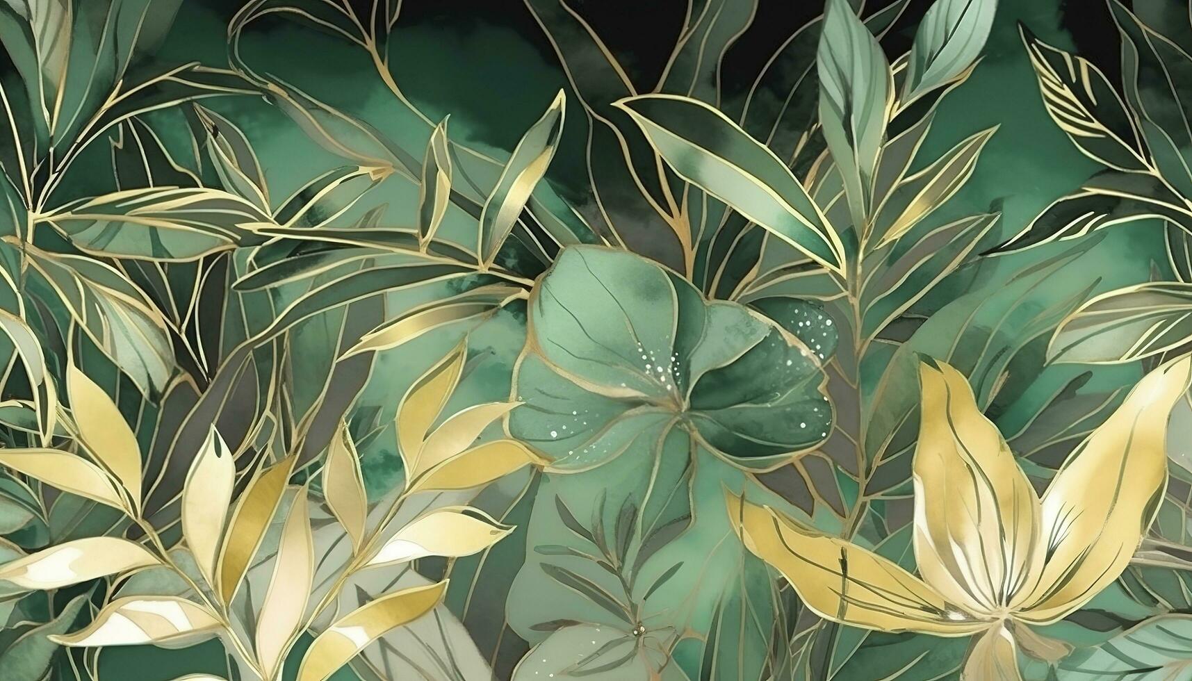 tropisk lövverk vattenfärg bakgrund vektor. sommar botanisk design med guld linje konst, handflatan löv, grön vattenfärg textur. lyx tropisk illustration för baner, generera ai foto