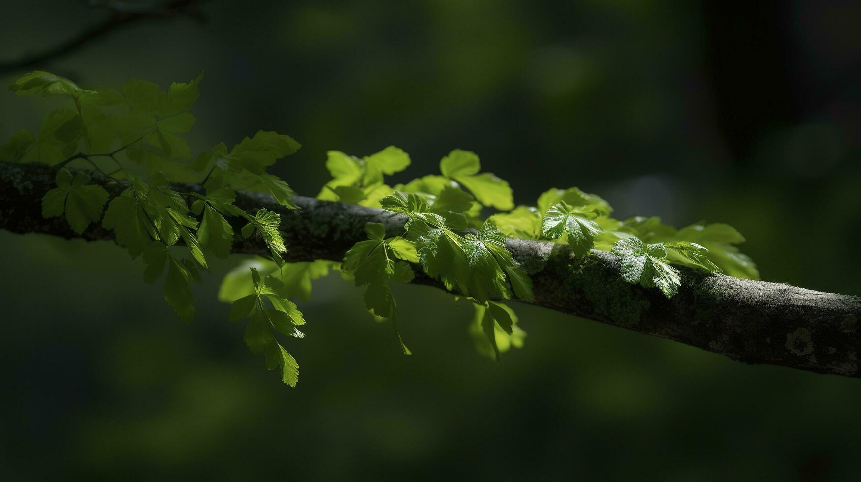 jord dag och värld miljö dag, vår, tropisk träd löv och gren med skön grön skog bakgrund, generera ai foto