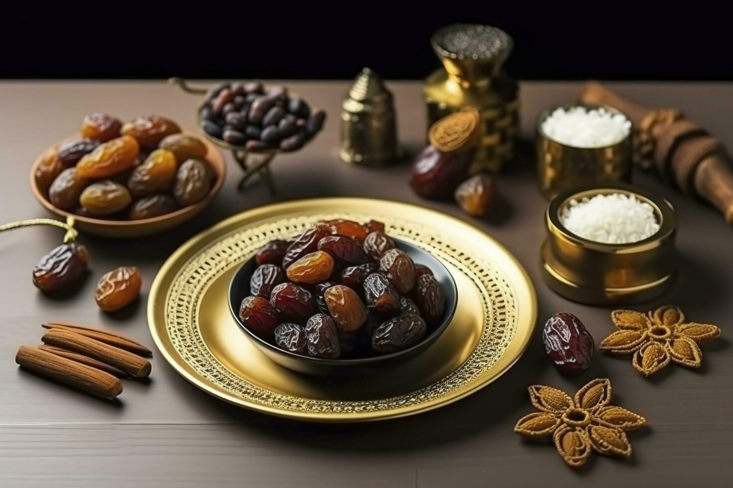 eid al-fitr Semester begrepp med ljuv torkades datum, frukt och dekorationer på ljus bakgrund. topp se från ovan, generera ai foto