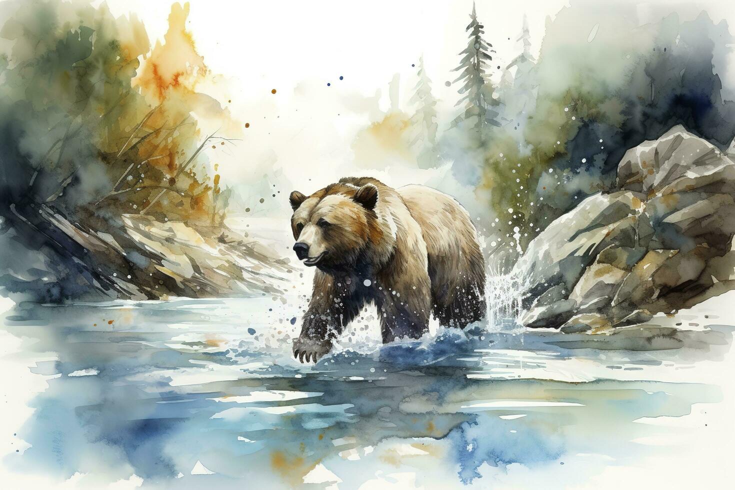 en Björn fiske i en flod vattenfärg målning, skön naturlig former, knaprig rena former, färgrik, vit bakgrund, generera ai foto