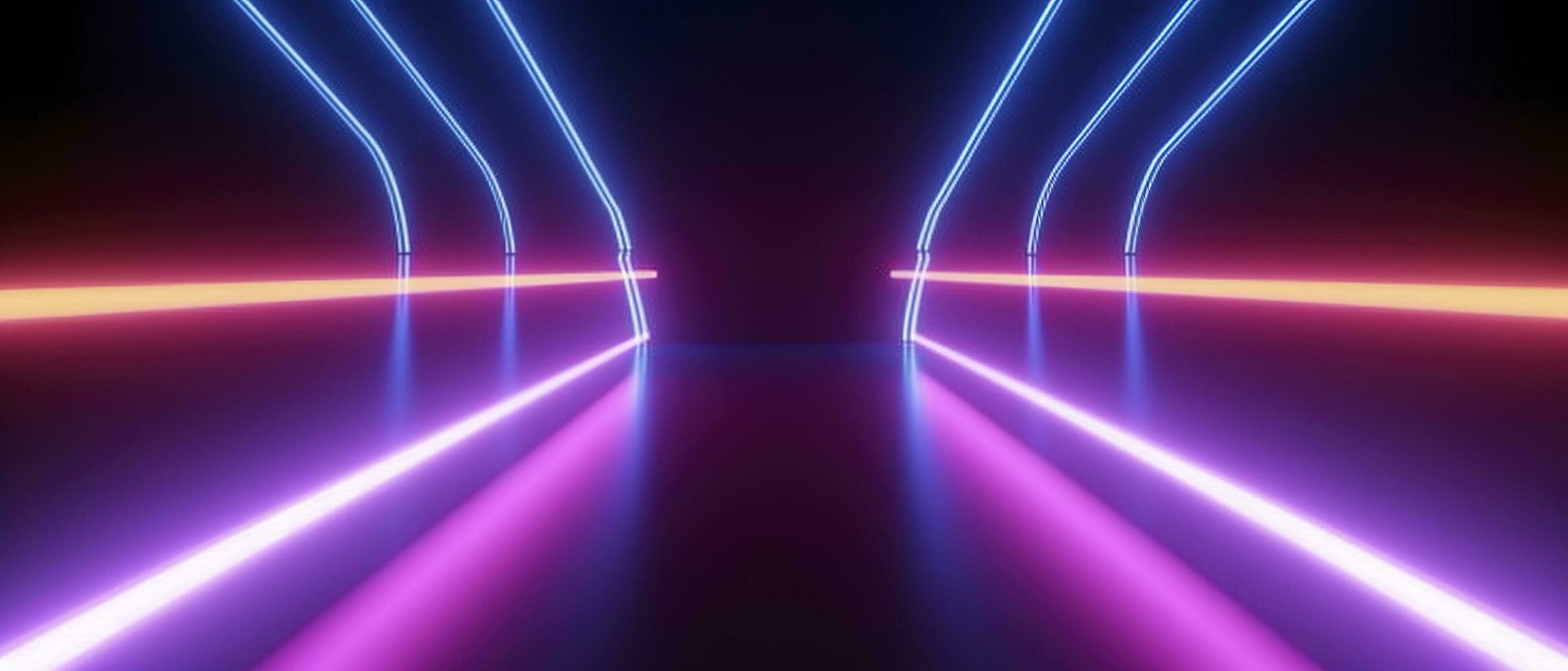 3d tolkning, avrundad rosa blå neon rader, lysande i de mörk. abstrakt minimalistisk geometrisk bakgrund. ultraviolett spektrum. cyber Plats. trogen tapet, generera ai foto